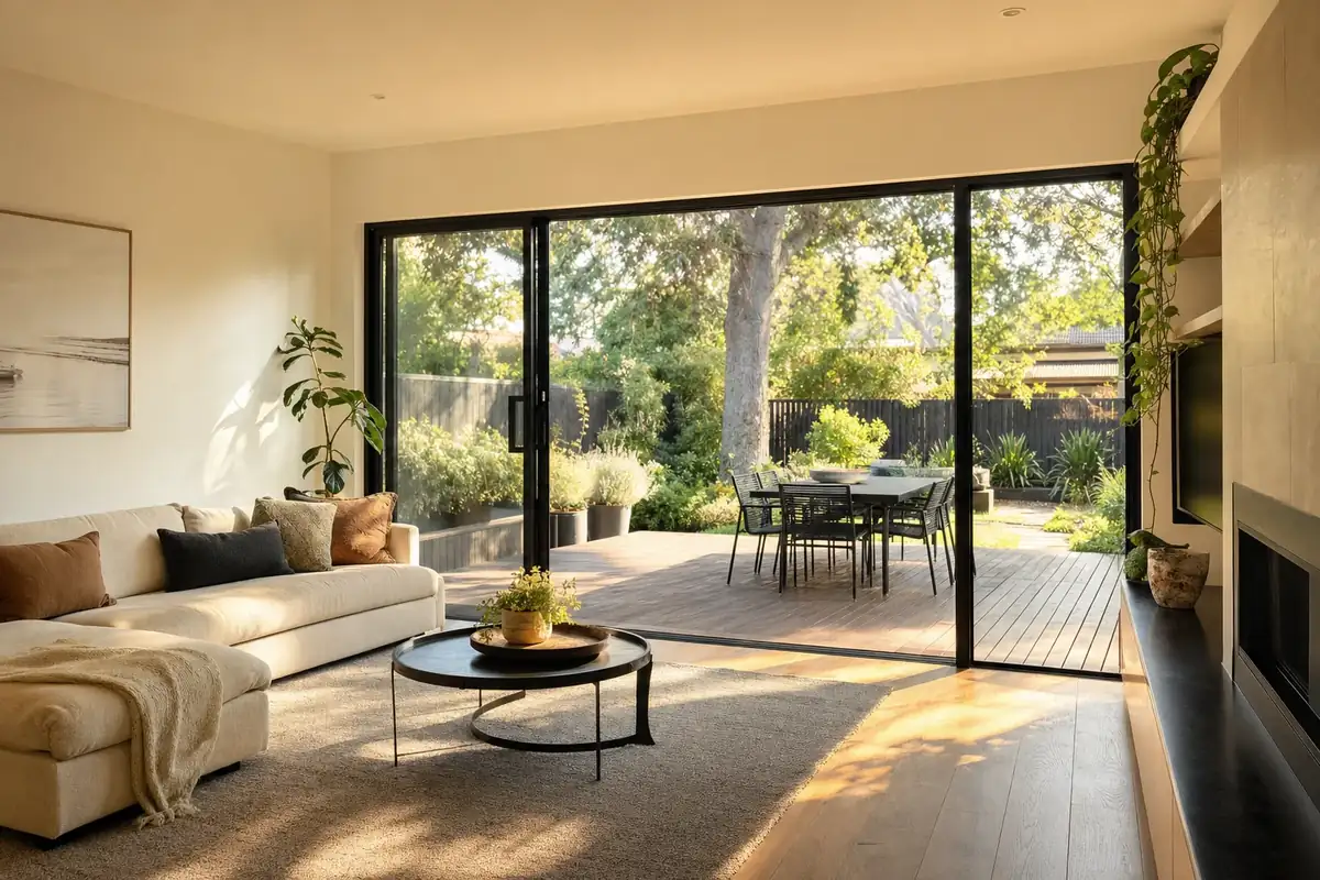 Illustration of a living room with black aluminium sliding doors to a deck