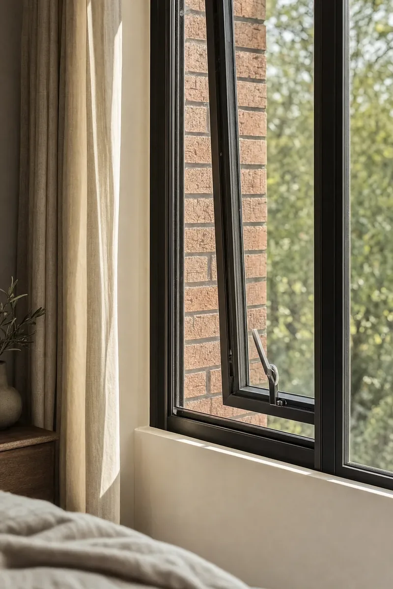 Illustration of a black aluminium window, hinged at the side, in a brick bedroom wall