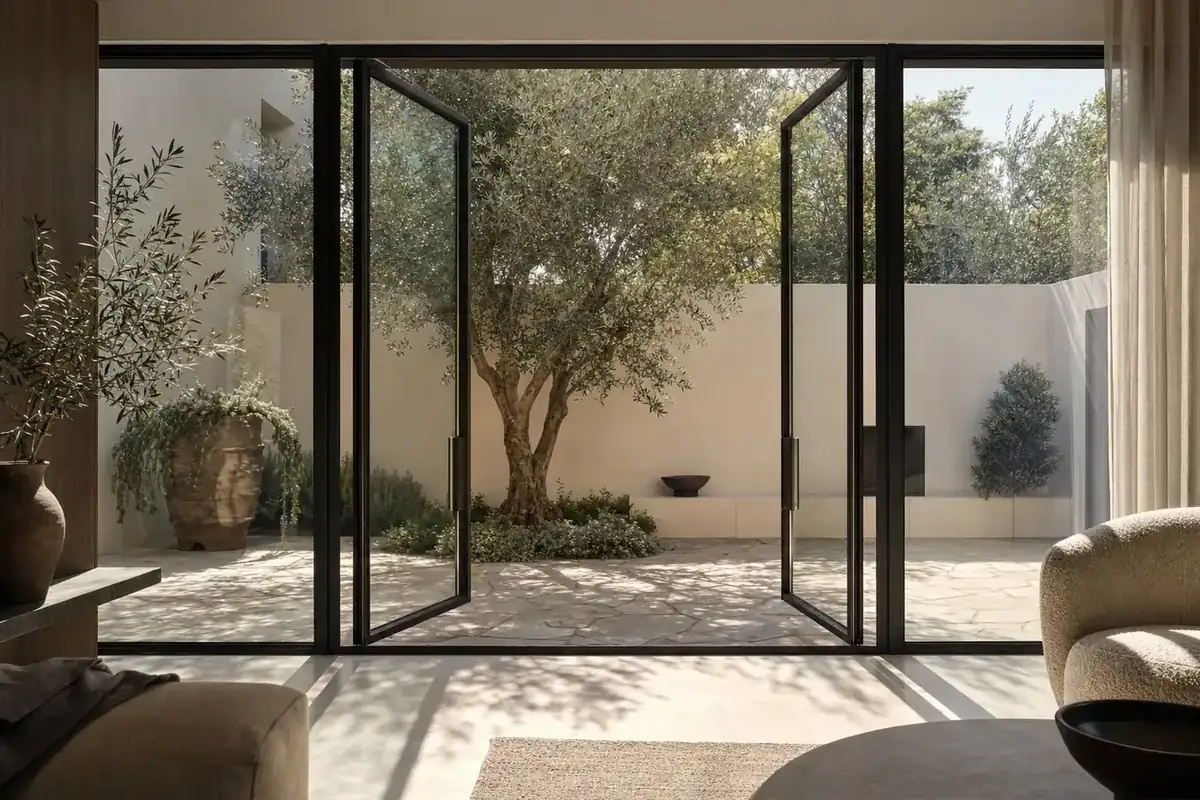 Black aluminium framed glass doors opening onto a walled courtyard