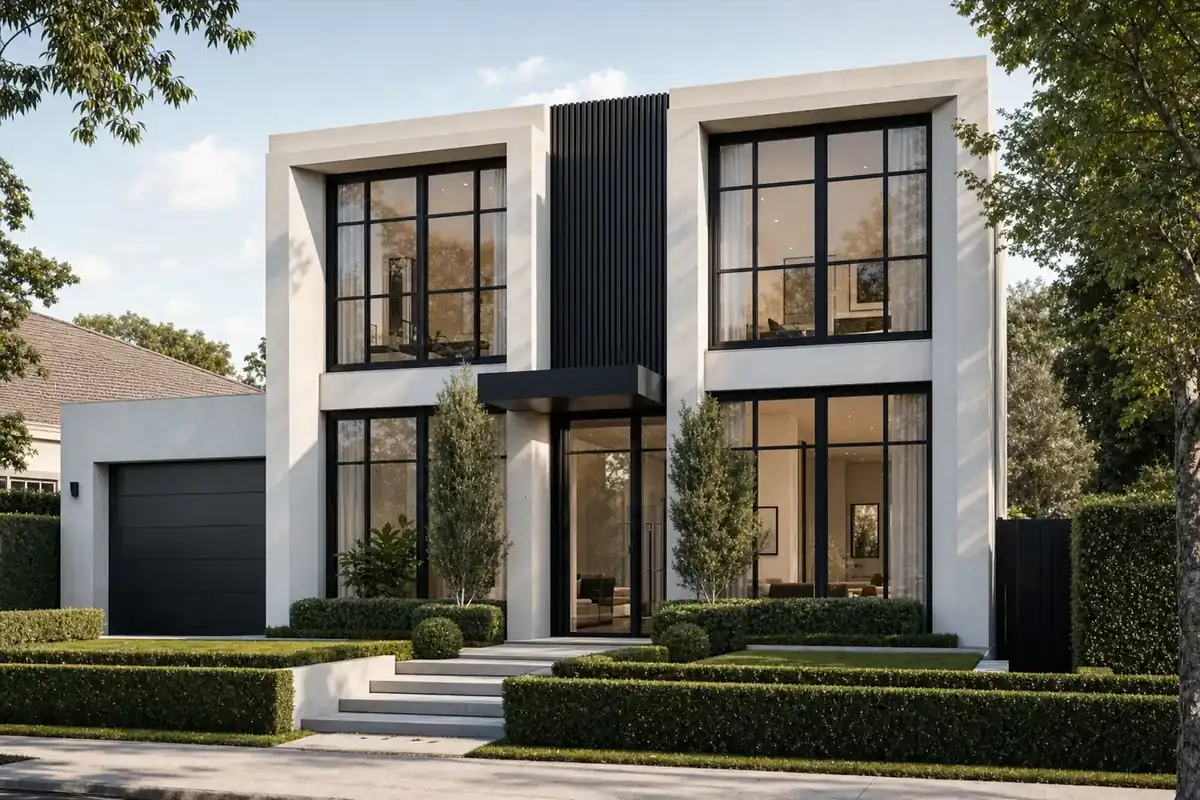 Rendered Melbourne home with a grid of black aluminium windows