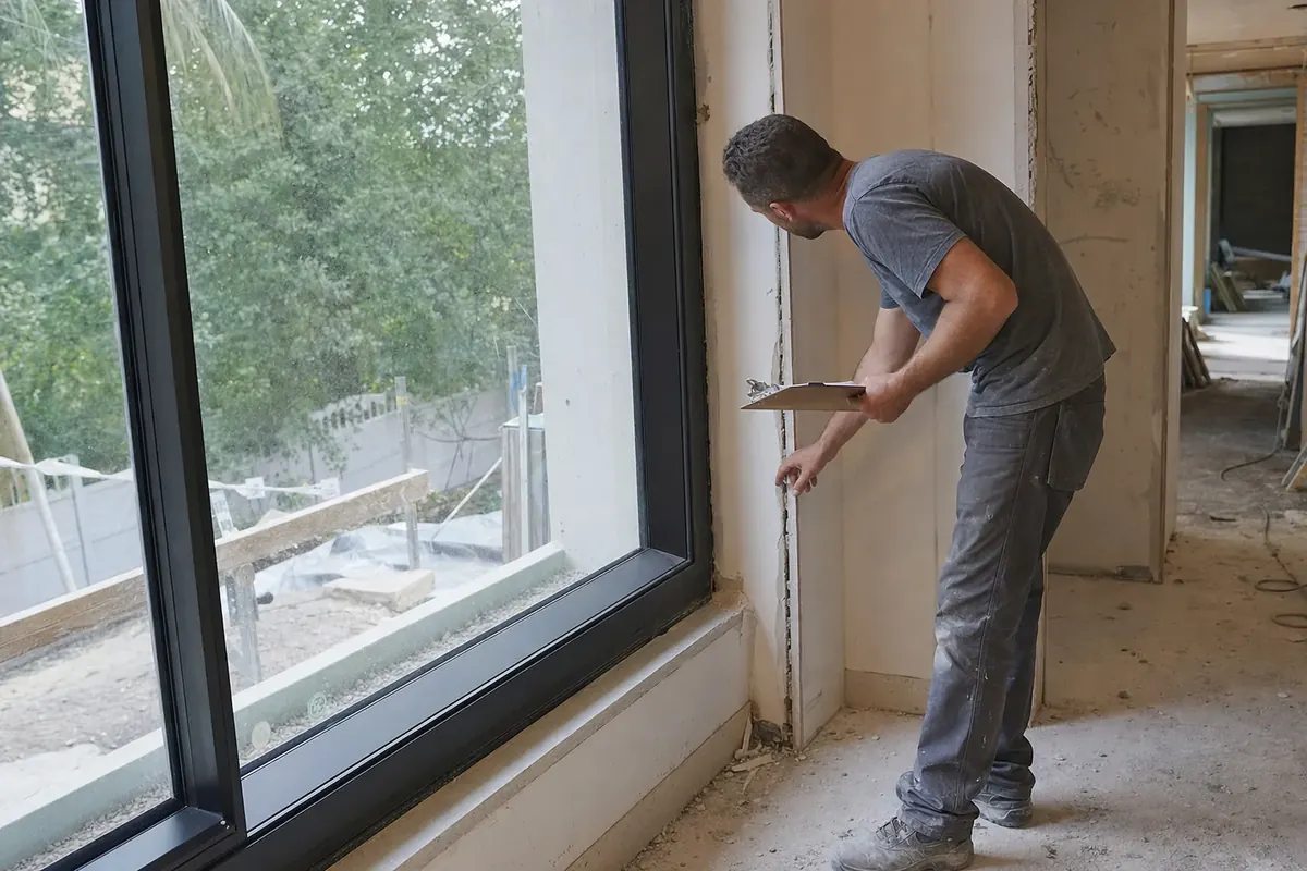 Glazier with a clipboard checking a new black aluminium window during a renovation