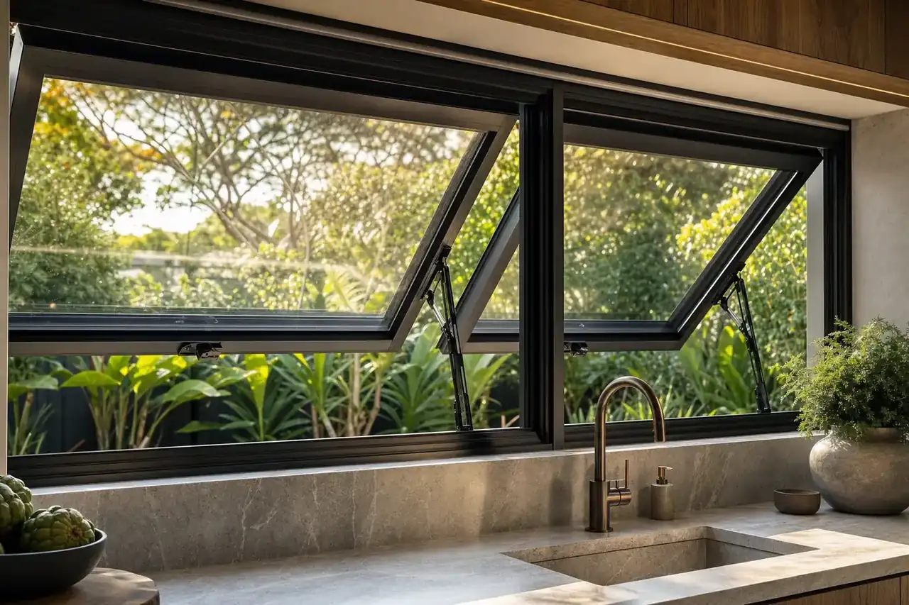 Two black aluminium awning windows propped open over a stone kitchen bench