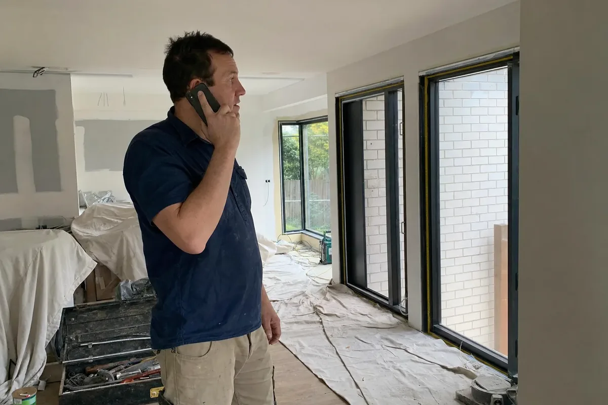 Tradesperson on a phone call in a living room being renovated