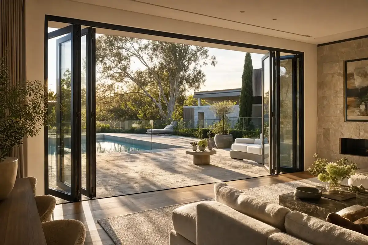 Black aluminium double glazed doors opening from a living room onto a stone terrace