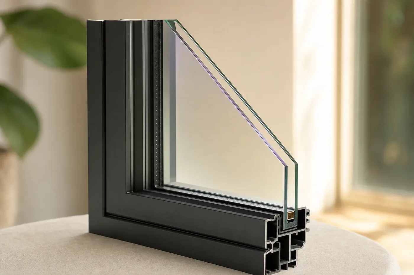 Corner sample of a double glazed unit in a black aluminium frame: two panes, a spacer and the sealed gap between them