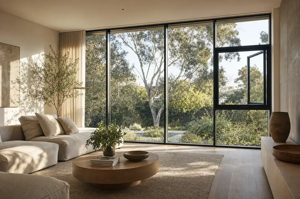 Sunlit Melbourne living room with a full wall of black aluminium double glazed windows
