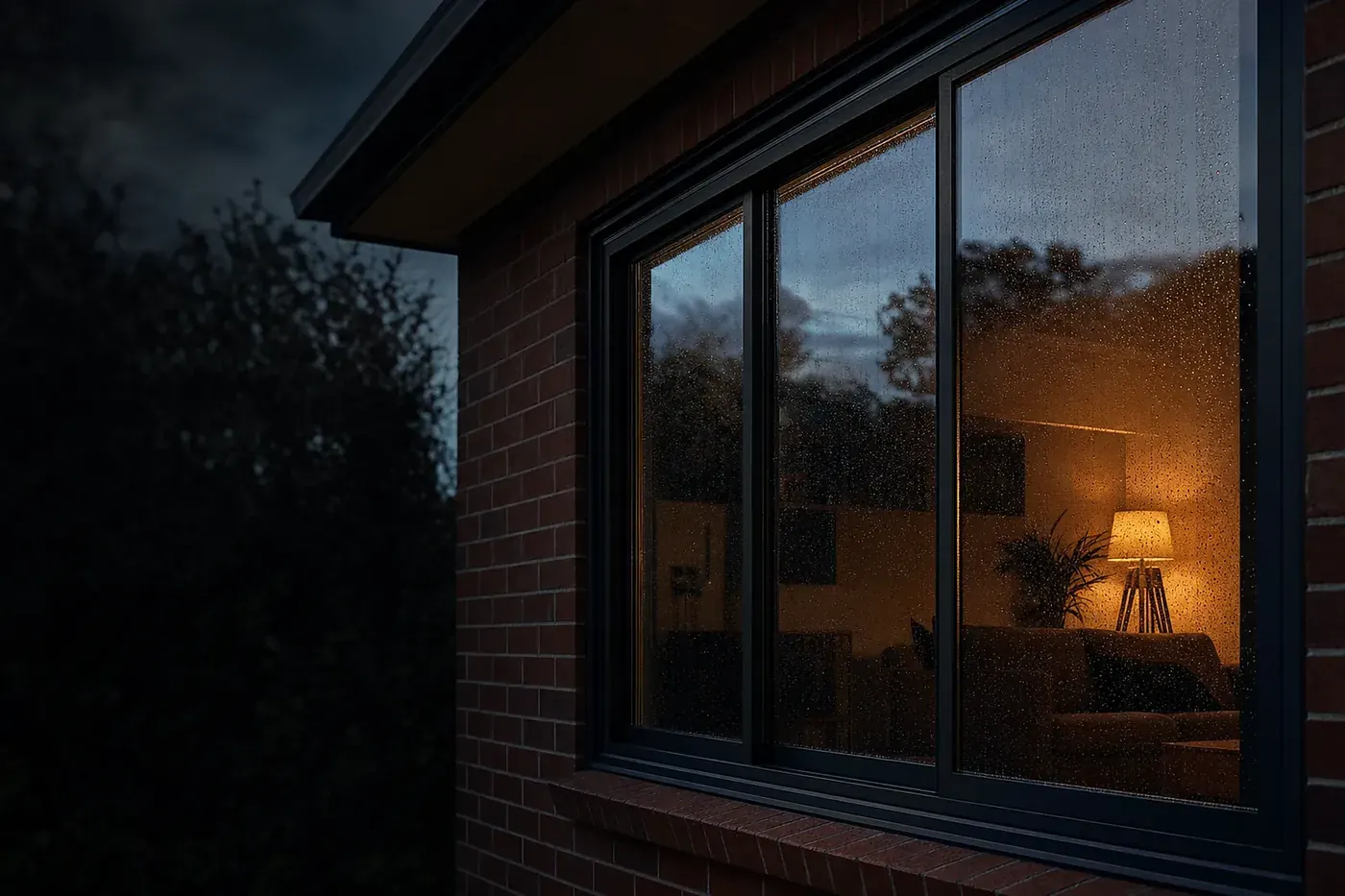 Black aluminium double glazed window glowing warm at dusk in a brick Melbourne home