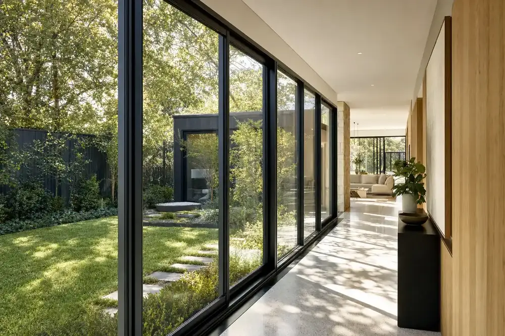 Hallway lined with black aluminium double glazed windows leading to a garden