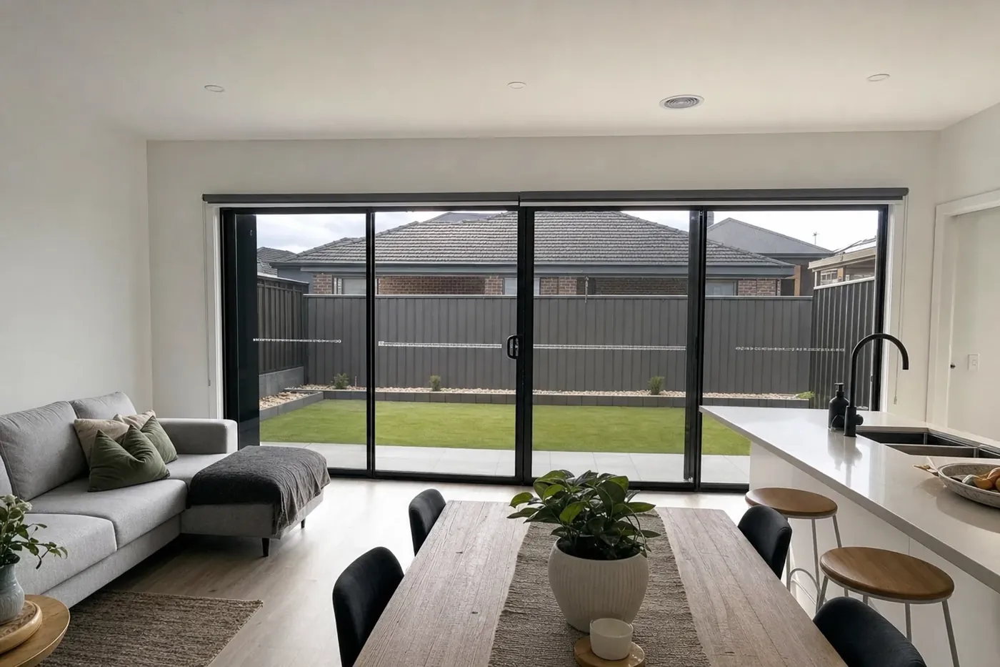 Open-plan living area of a new single-storey estate home with black aluminium double glazed windows