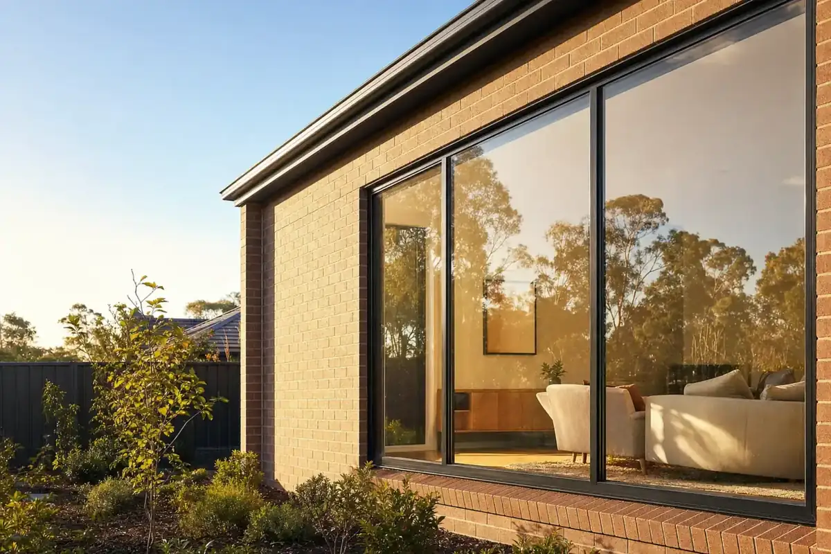 Late sun on a brick home with a wide black aluminium double glazed window and a native garden