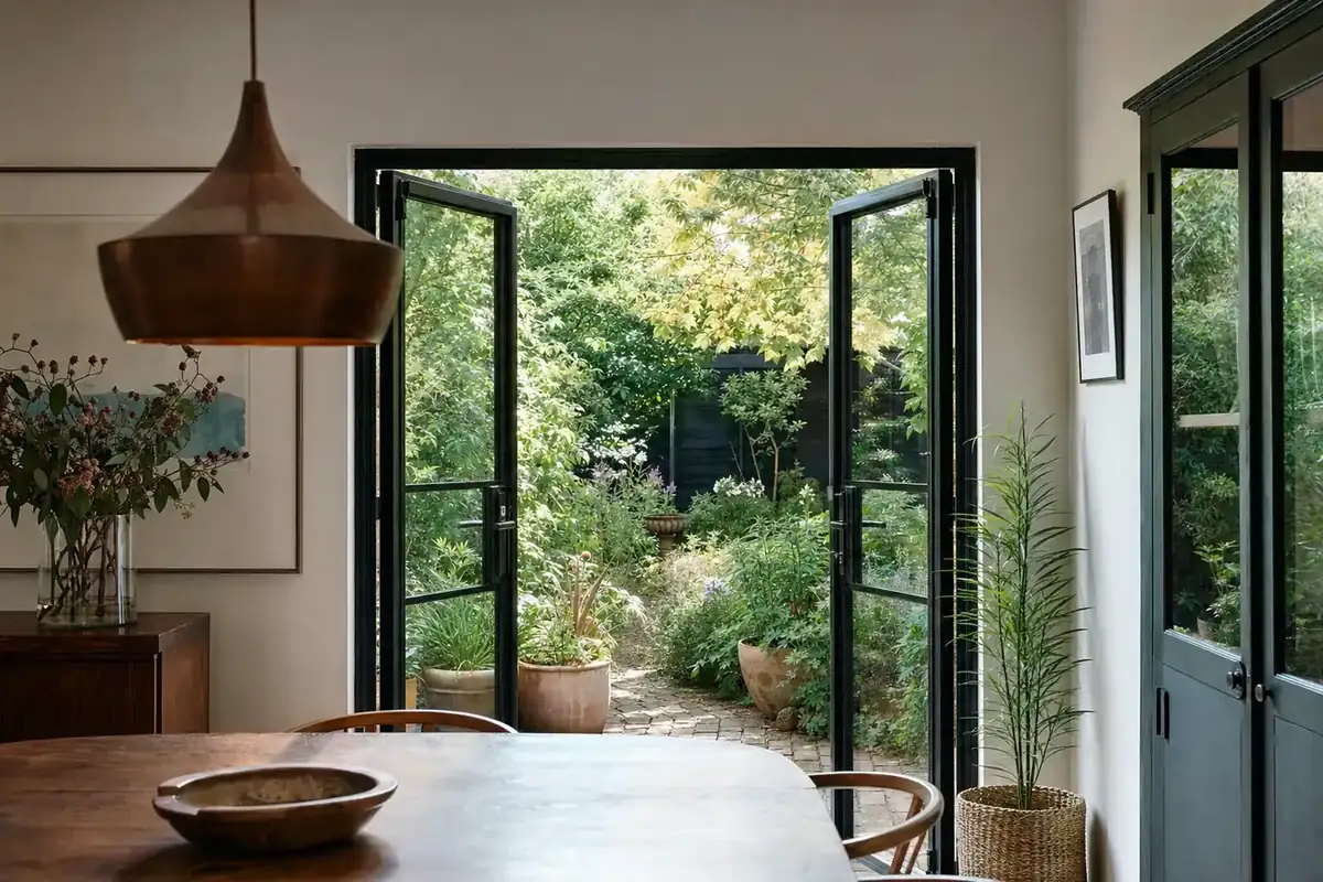 Pair of black aluminium casement doors open from a dining room to a cottage garden