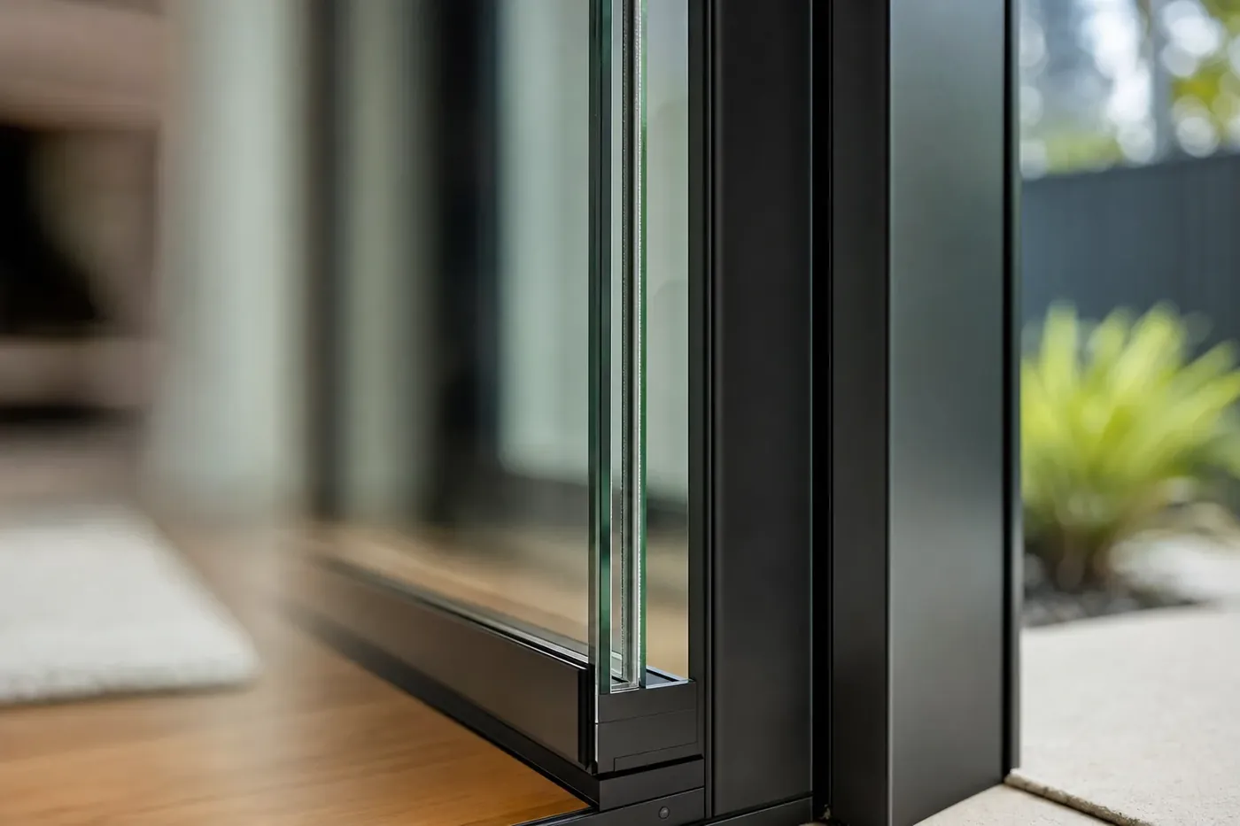 Close detail of a double glazed glass unit edge in a black aluminium frame
