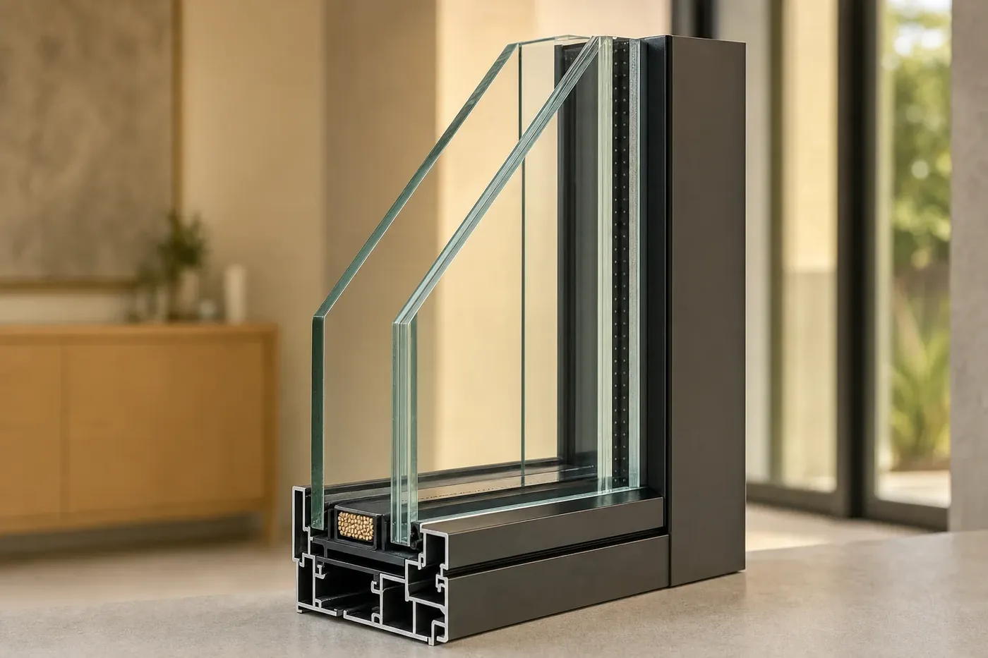 Corner sample of an acoustic double glazed unit in a black aluminium frame, showing the laminated inner pane and the sealed gap