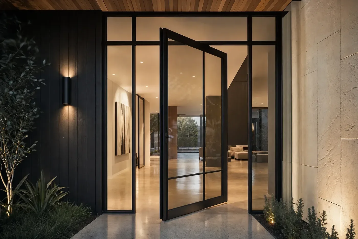 Tall black aluminium and glass pivot front door standing partly open