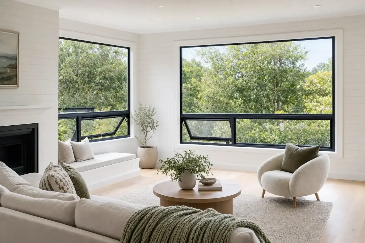 Renovated living area with new black aluminium double glazed windows
