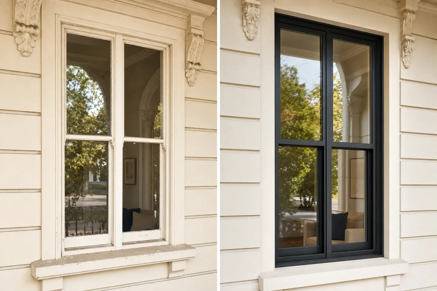 An old painted window in a period home beside a new black aluminium double glazed window fitted in the same kind of opening