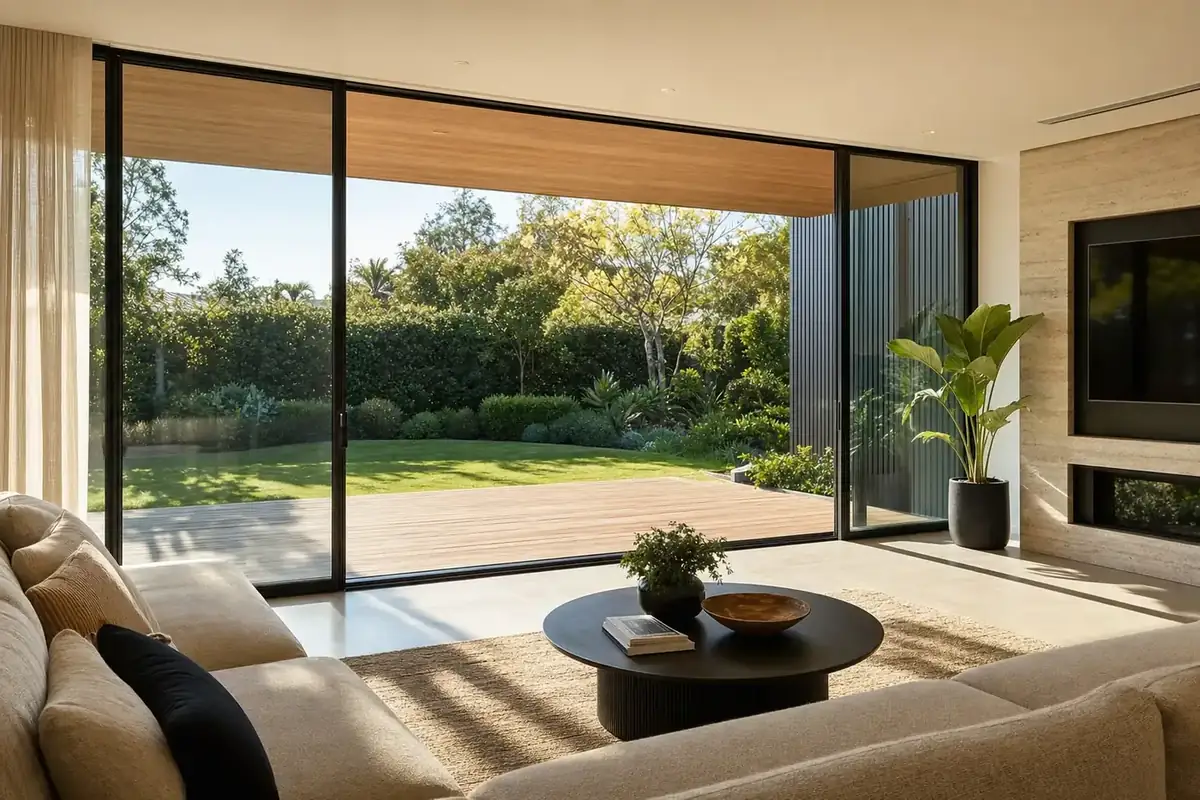Floor-to-ceiling black aluminium sliding doors open to a garden and timber deck