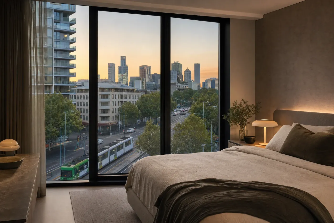 Quiet apartment bedroom behind large double glazed windows above a city street