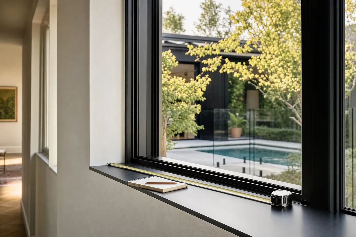 A tape measure laid across the sill of a black aluminium window, ready to measure its width