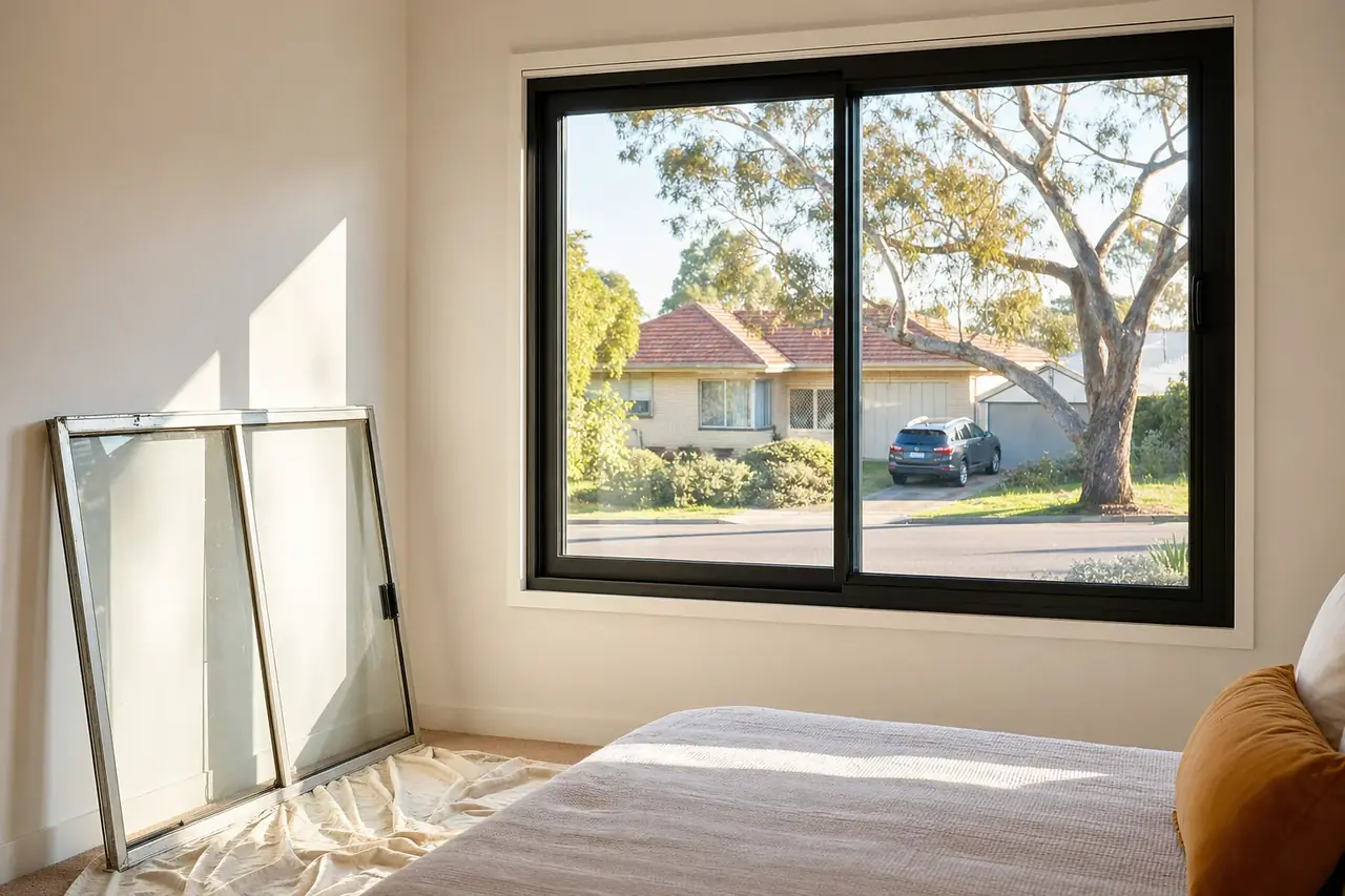 An old aluminium window leaning against a brick wall beside a new black aluminium double glazed window in the opening